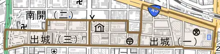 出城とその周辺の地図。町の範囲を重ねている