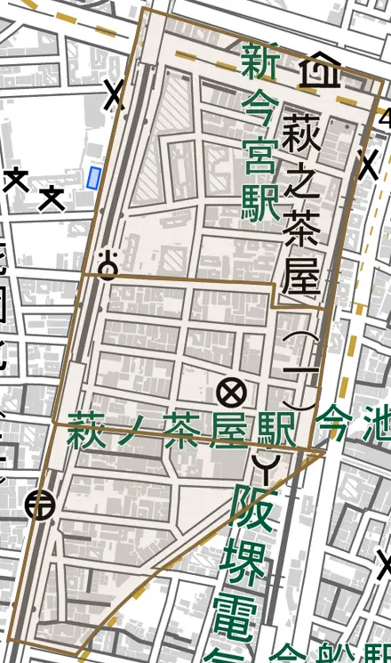 萩之茶屋とその周辺の地図。町の範囲を重ねている