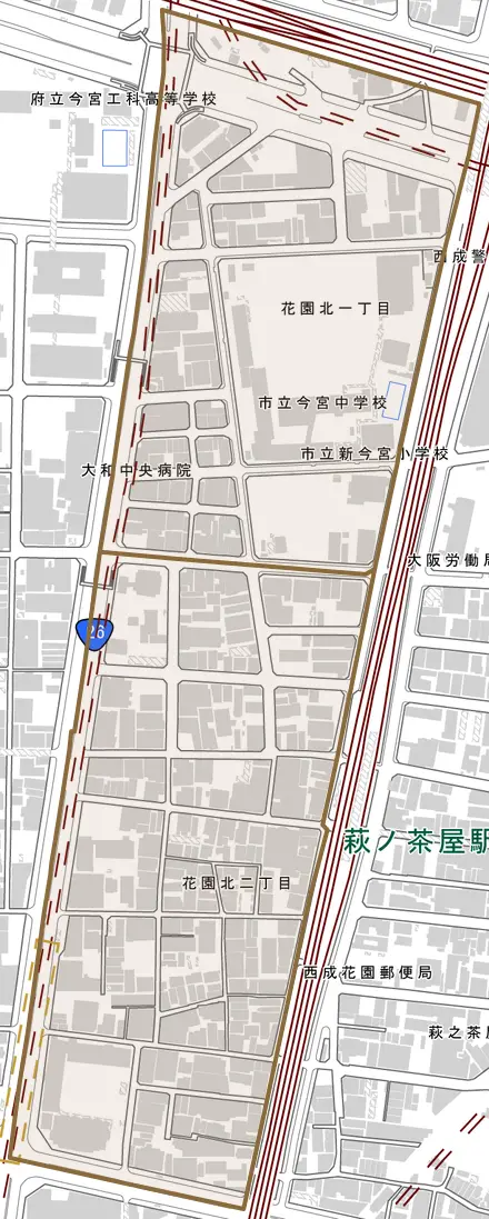 花園北とその周辺の地図。町の範囲を重ねている