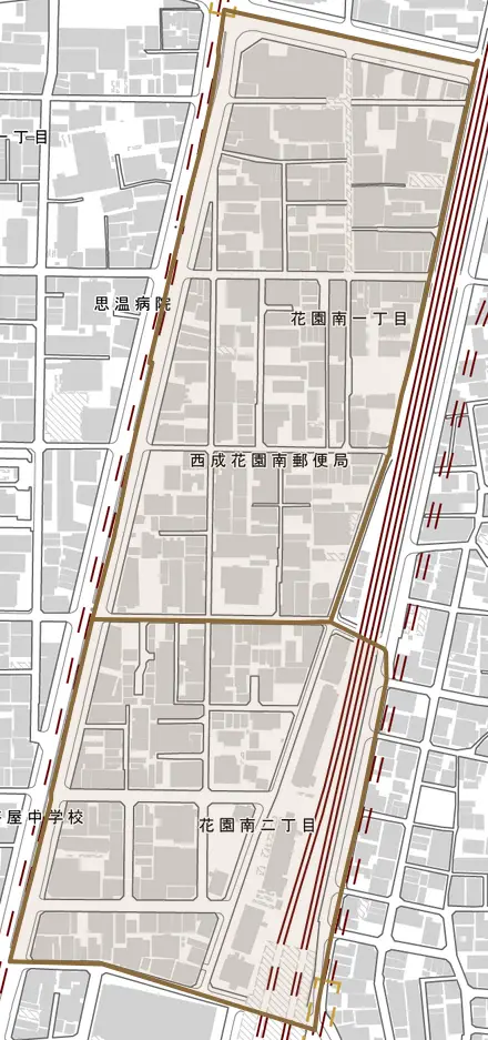 花園南とその周辺の地図。町の範囲を重ねている