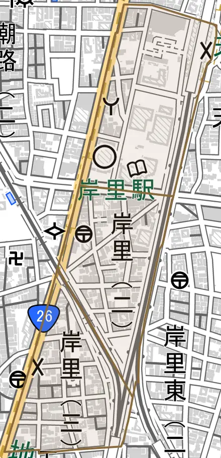 岸里とその周辺の地図。町の範囲を重ねている