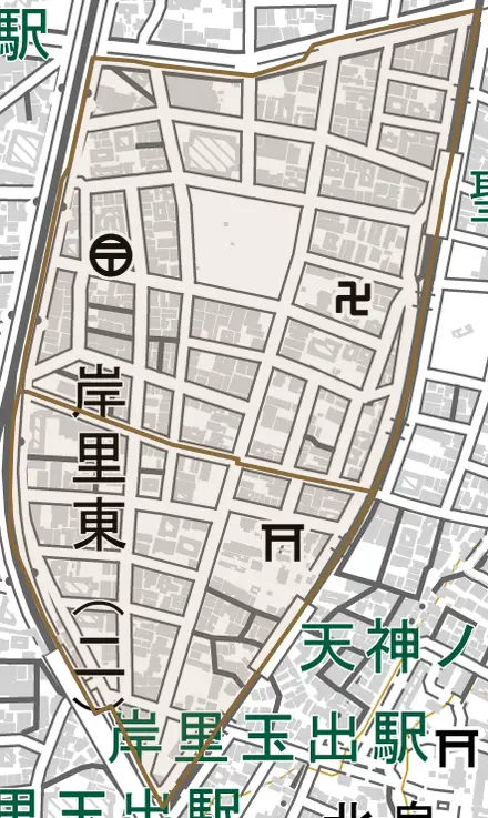 岸里東とその周辺の地図。町の範囲を重ねている