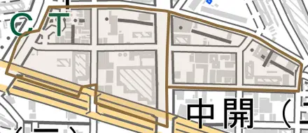 北開とその周辺の地図。町の範囲を重ねている