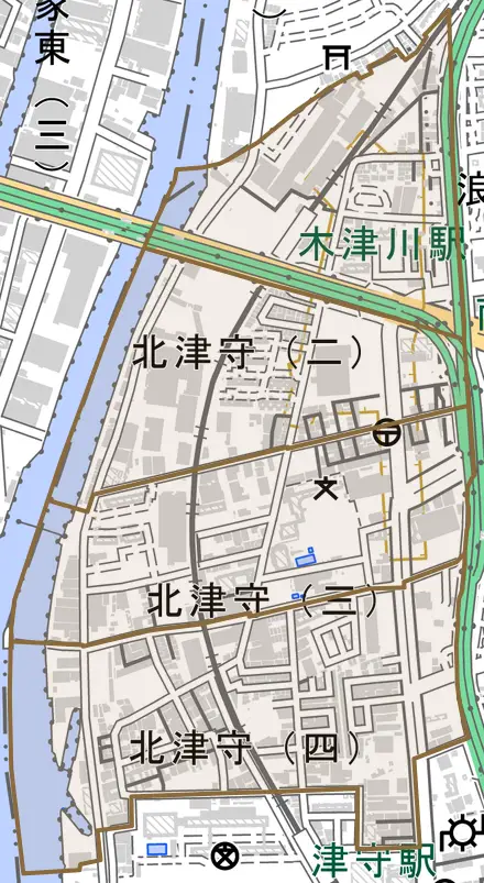 北津守とその周辺の地図。町の範囲を重ねている