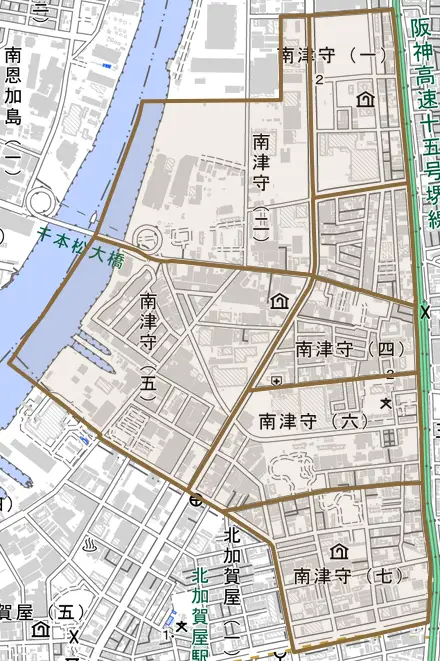 南津守とその周辺の地図。町の範囲を重ねている