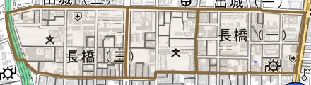 長橋とその周辺の地図。町の範囲を重ねている