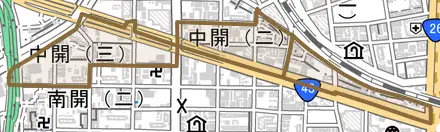 中開とその周辺の地図。町の範囲を重ねている