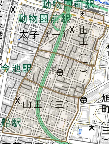 山王とその周辺の地図。町の範囲を重ねている