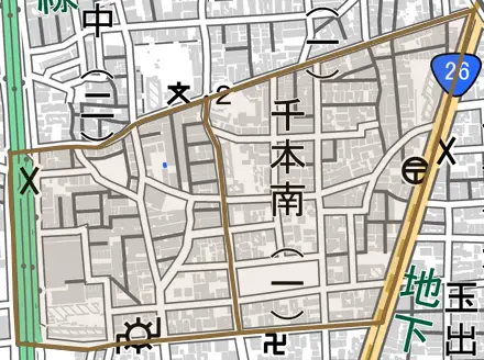 千本南とその周辺の地図。町の範囲を重ねている