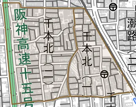 千本北とその周辺の地図。町の範囲を重ねている