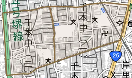 千本中とその周辺の地図。町の範囲を重ねている