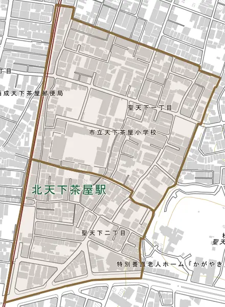 聖天下とその周辺の地図。町の範囲を重ねている