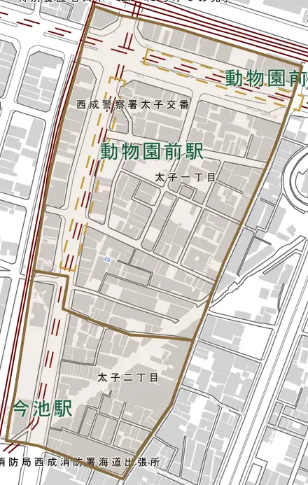 太子とその周辺の地図。町の範囲を重ねている