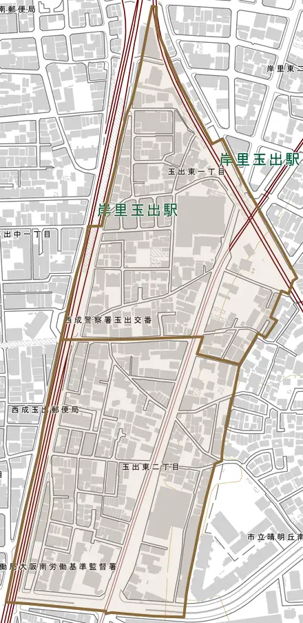 玉出東とその周辺の地図。町の範囲を重ねている
