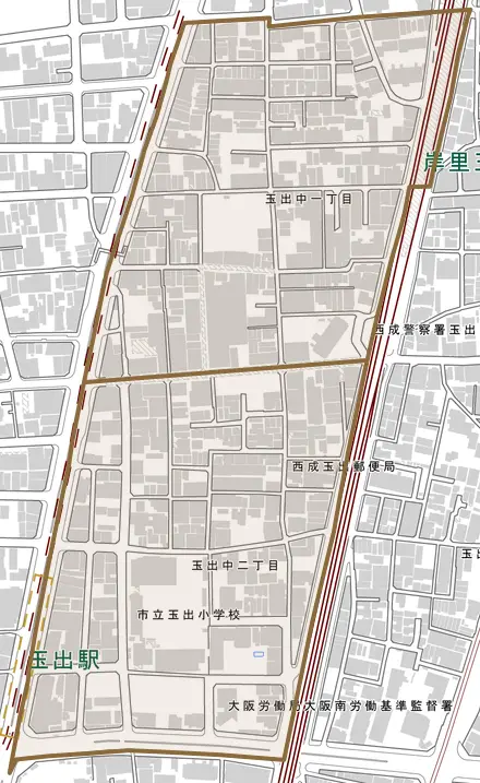 玉出中とその周辺の地図。町の範囲を重ねている