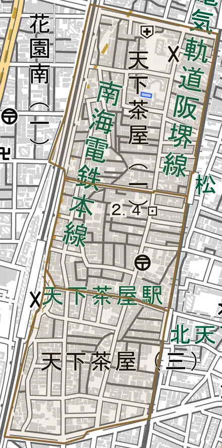 天下茶屋とその周辺の地図。町の範囲を重ねている
