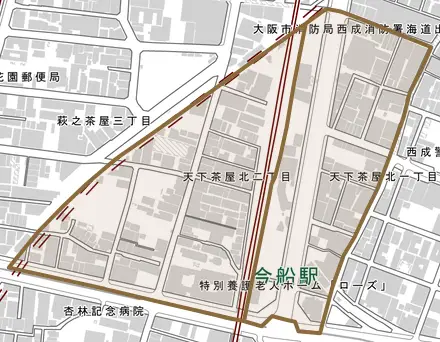 天下茶屋北とその周辺の地図。町の範囲を重ねている