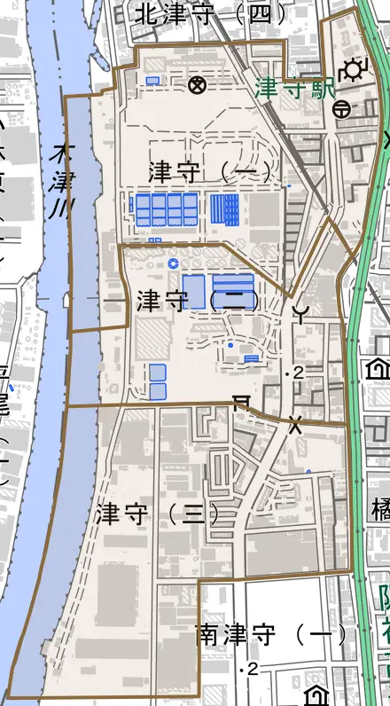 津守とその周辺の地図。町の範囲を重ねている