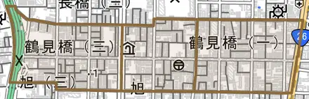 鶴見橋とその周辺の地図。町の範囲を重ねている