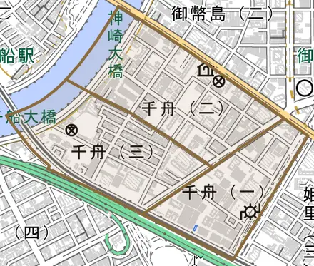 千舟とその周辺の地図。町の範囲を重ねている