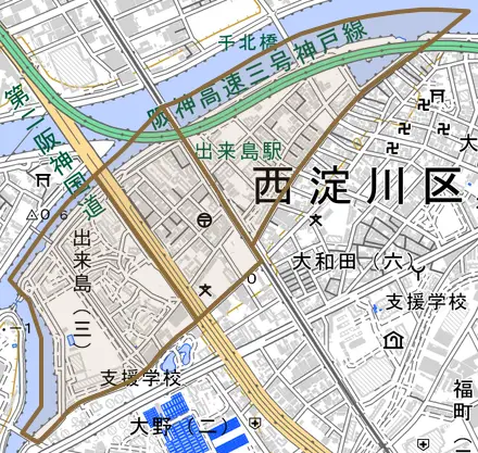 出来島とその周辺の地図。町の範囲を重ねている