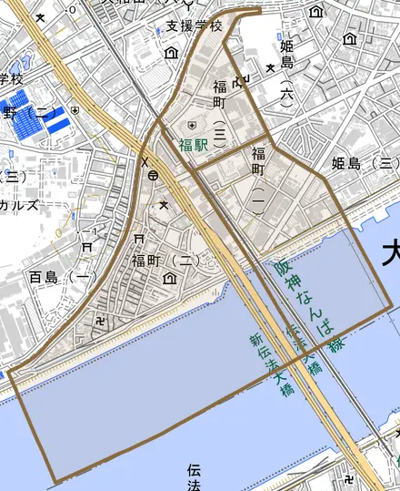 福町とその周辺の地図。町の範囲を重ねている