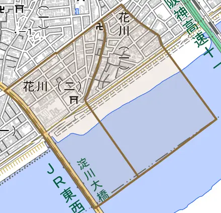 花川とその周辺の地図。町の範囲を重ねている