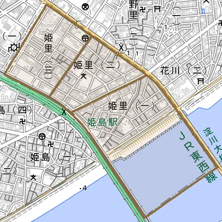 姫里とその周辺の地図。町の範囲を重ねている