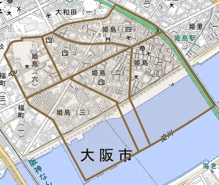 姫島とその周辺の地図。町の範囲を重ねている