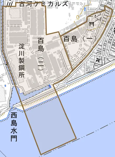 百島とその周辺の地図。町の範囲を重ねている