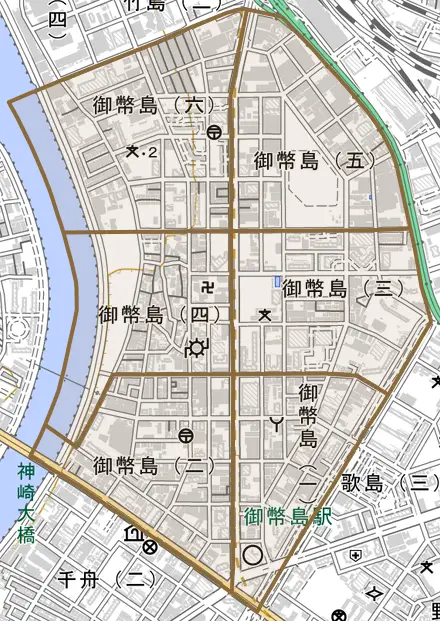御幣島とその周辺の地図。町の範囲を重ねている