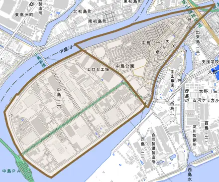 中島とその周辺の地図。町の範囲を重ねている