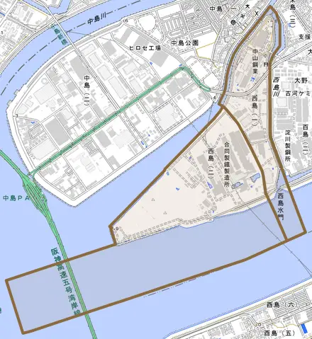 西島とその周辺の地図。町の範囲を重ねている
