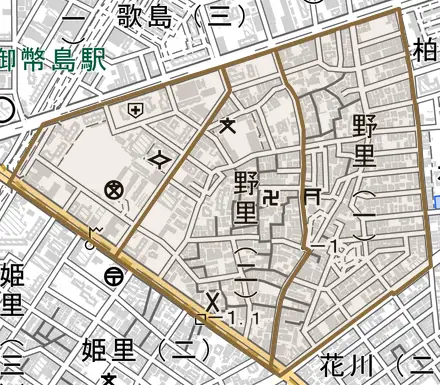 野里とその周辺の地図。町の範囲を重ねている