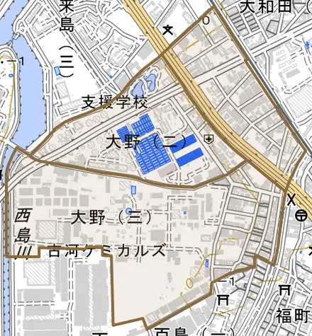 大野とその周辺の地図。町の範囲を重ねている