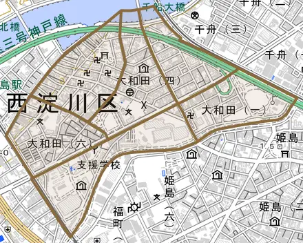 大和田とその周辺の地図。町の範囲を重ねている