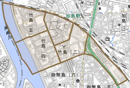 竹島とその周辺の地図。町の範囲を重ねている