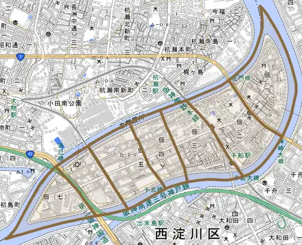 佃とその周辺の地図。町の範囲を重ねている