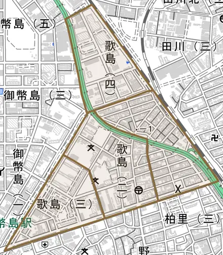 歌島とその周辺の地図。町の範囲を重ねている