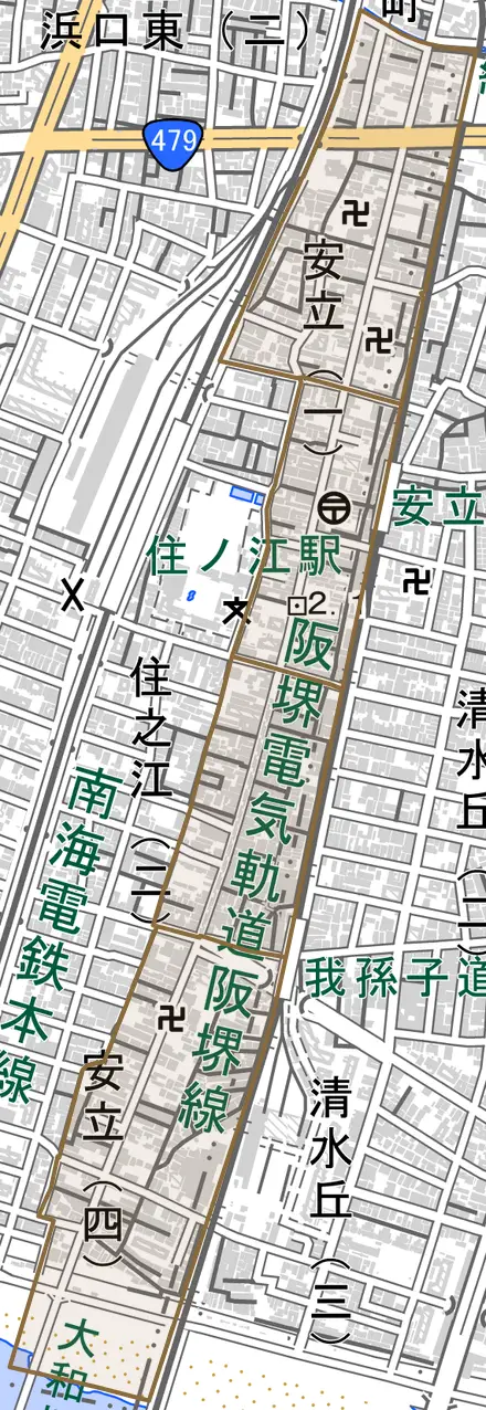 安立とその周辺の地図。町の範囲を重ねている