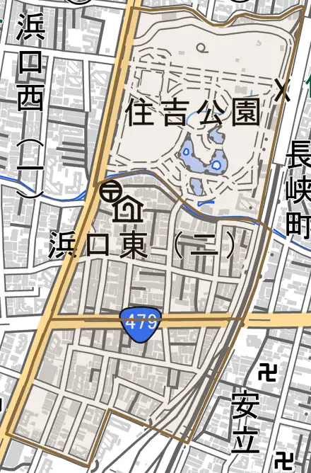 浜口東とその周辺の地図。町の範囲を重ねている