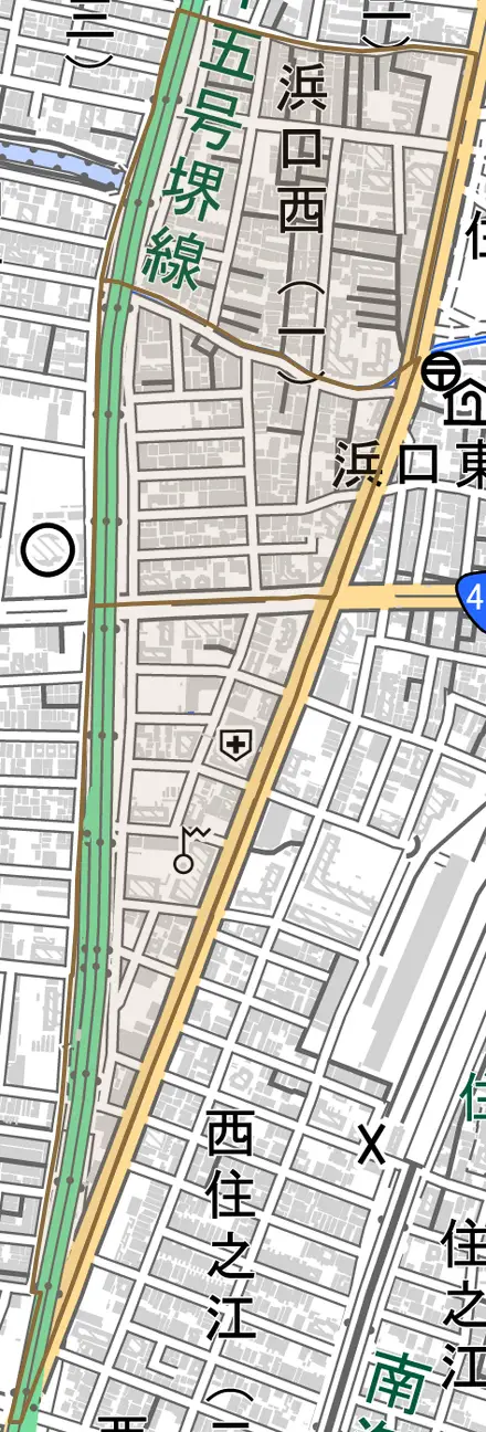 浜口西とその周辺の地図。町の範囲を重ねている