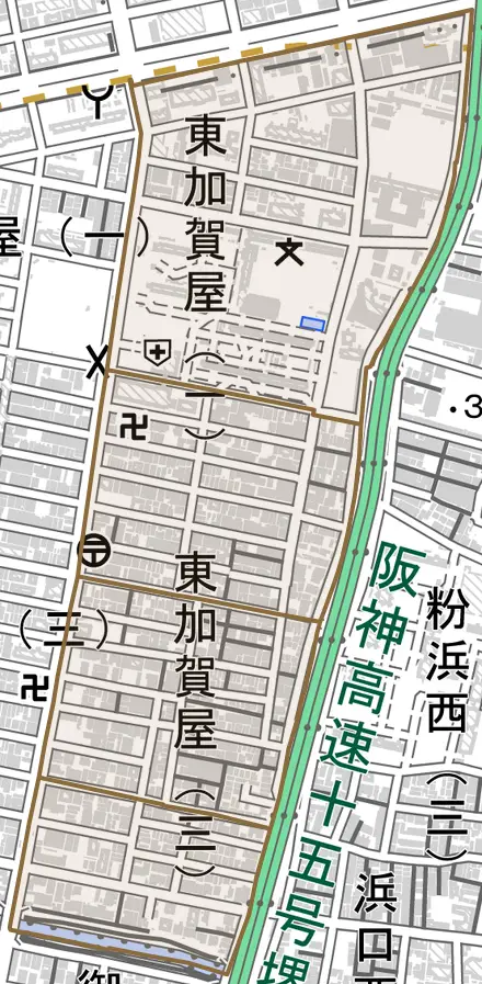 東加賀屋とその周辺の地図。町の範囲を重ねている