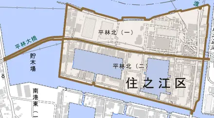 平林北とその周辺の地図。町の範囲を重ねている