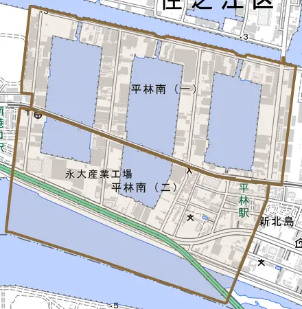 平林南とその周辺の地図。町の範囲を重ねている