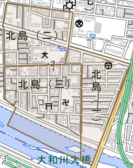 北島とその周辺の地図。町の範囲を重ねている