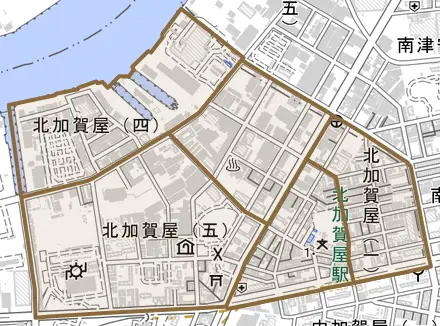 北加賀屋とその周辺の地図。町の範囲を重ねている