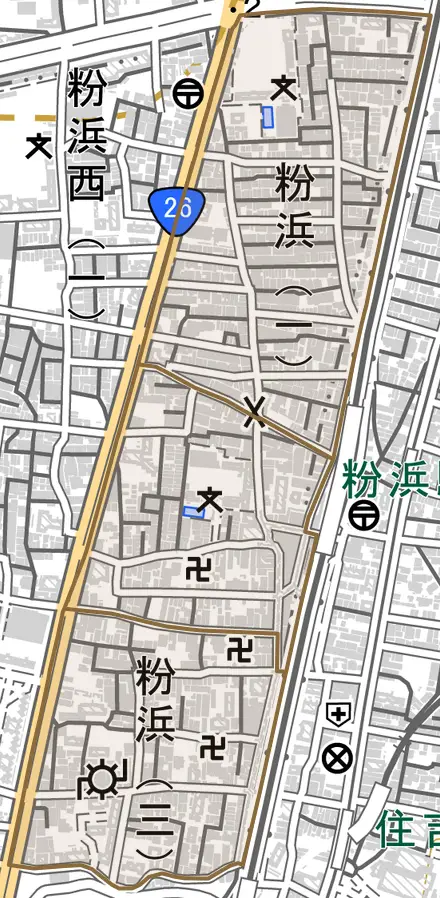 粉浜とその周辺の地図。町の範囲を重ねている