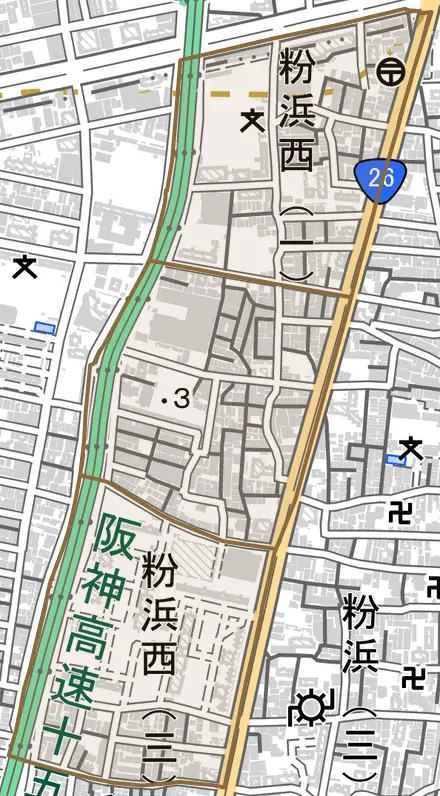粉浜西とその周辺の地図。町の範囲を重ねている