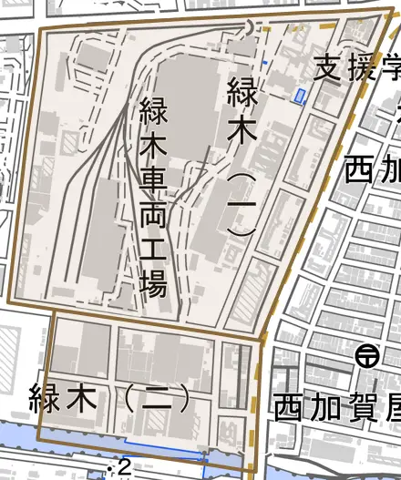 緑木とその周辺の地図。町の範囲を重ねている